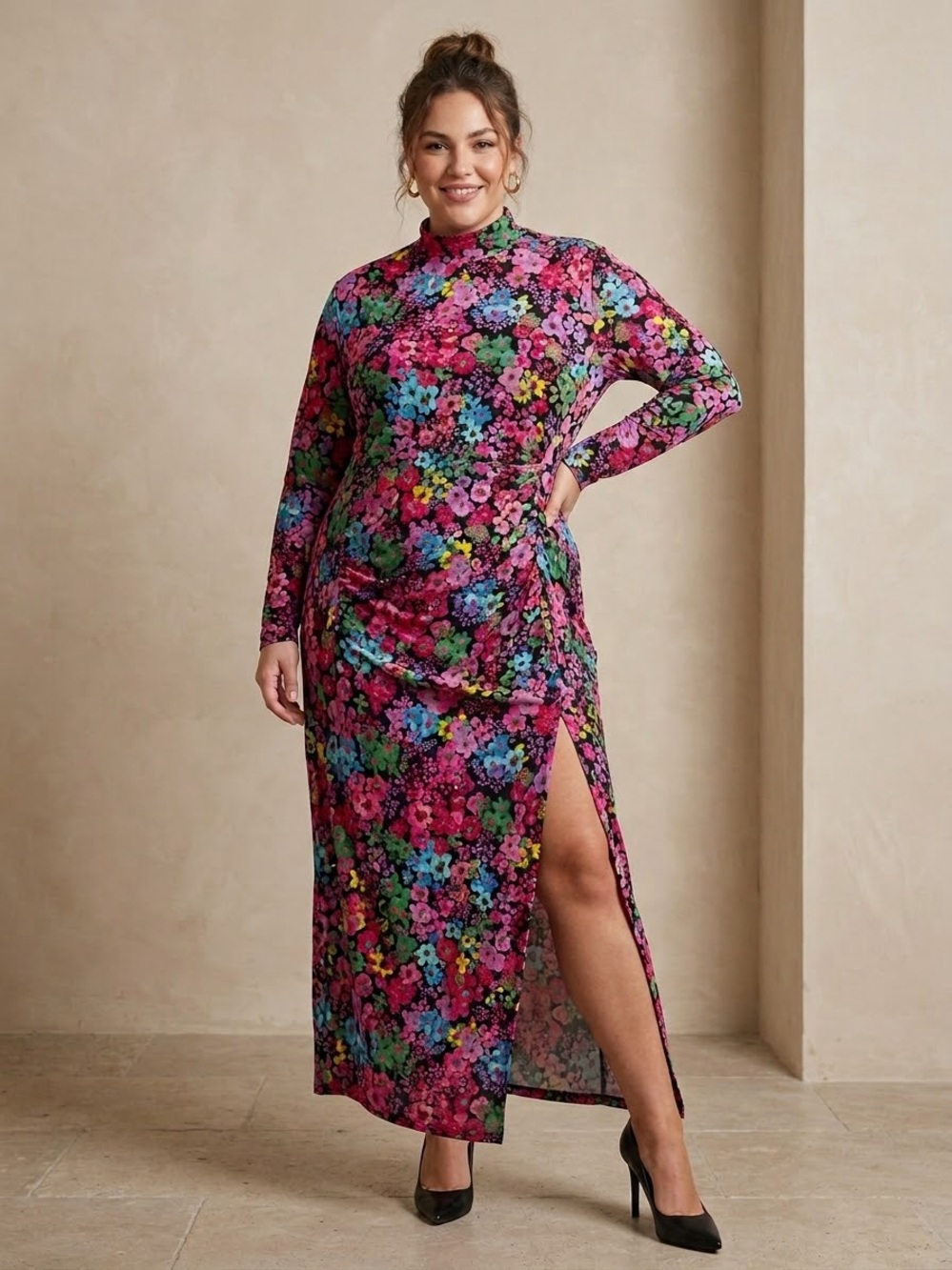 Future Collective Floral Vibrant Drape Dress Long Sleeve 1X pink black